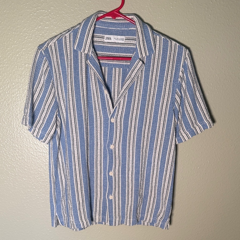 Zara Casual Blue and White Striped Shirt